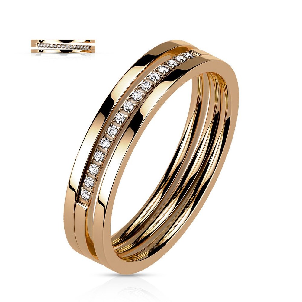 Triple Line Middle CZ Paved Slant Rose Gold PVD Stainless Steel Ring